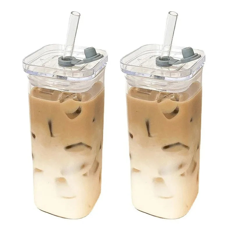 Heat-Resistant Glass Coffee Cup with Lid and Straw — Clear Square Tumbler for Hot and Cold Drinks