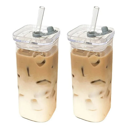 Heat-Resistant Glass Coffee Cup with Lid and Straw — Clear Square Tumbler for Hot and Cold Drinks