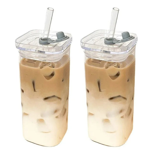 Heat-Resistant Glass Coffee Cup with Lid and Straw — Clear Square Tumbler for Hot and Cold Drinks