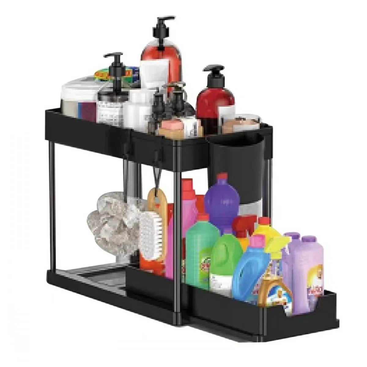 2-Tier Sliding Under Sink Cabinet Organizer with Hooks