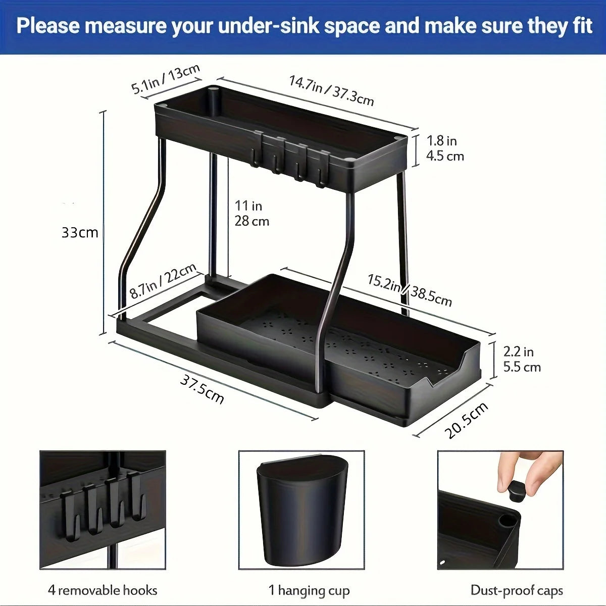 Under Sink Cabinet Organizer — 2-Tier Adjustable Shelf Storage Rack