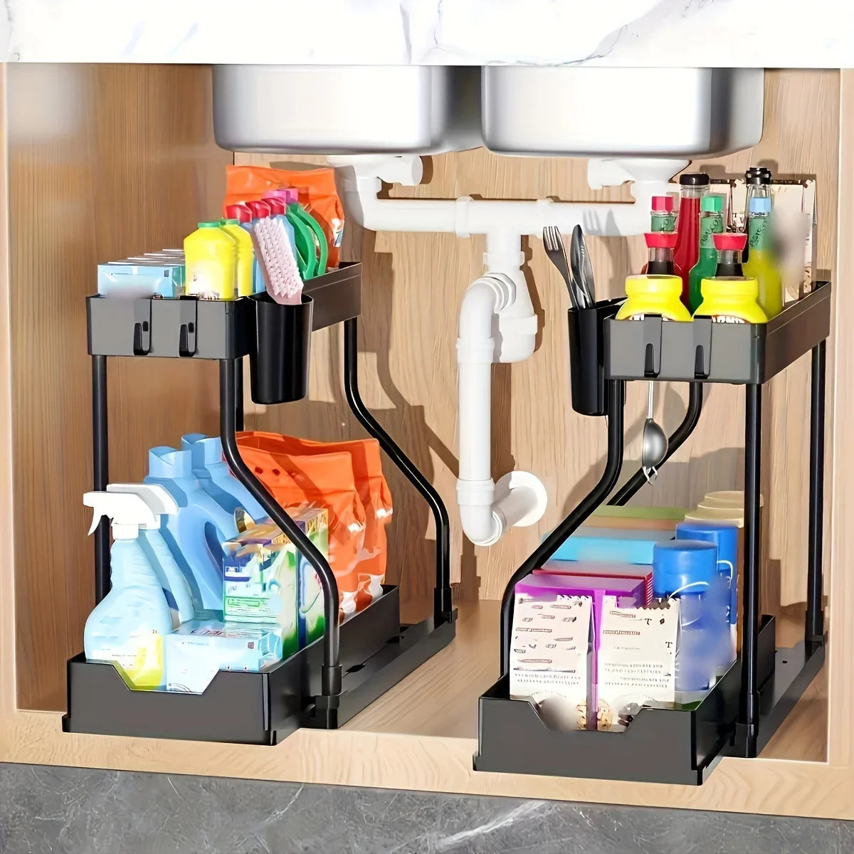 Under Sink Cabinet Organizer — 2-Tier Adjustable Shelf Storage Rack