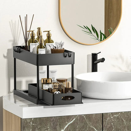 2-Tier Sliding Under Sink Cabinet Organizer with Hooks