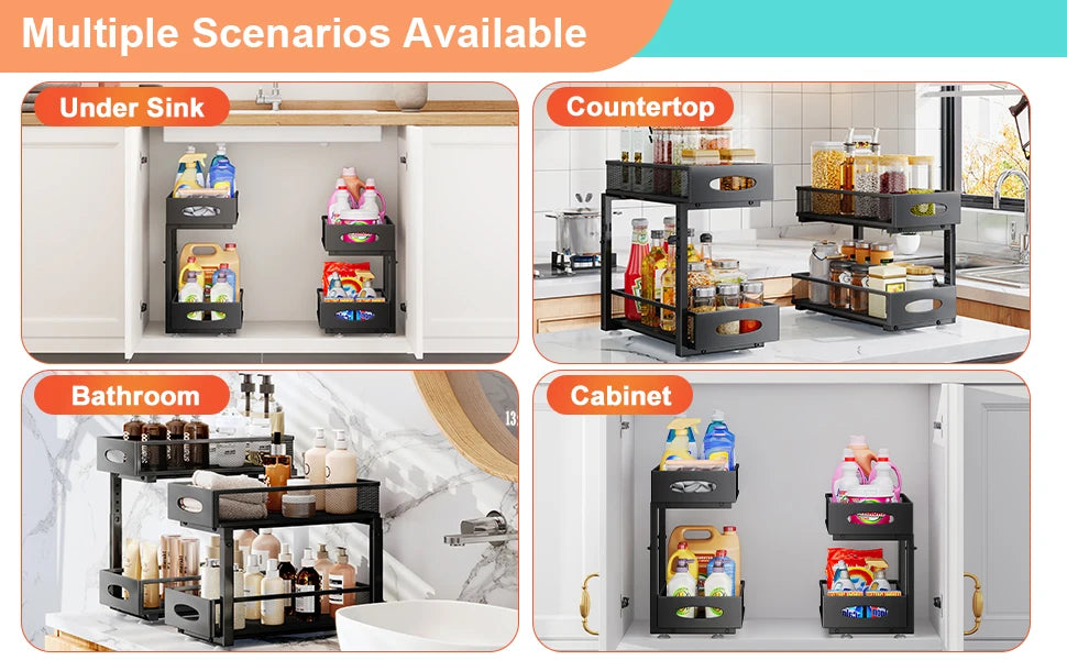 Under Sink Organizer — 2-Tier Sliding Cabinet Storage with Pull-Out Drawer