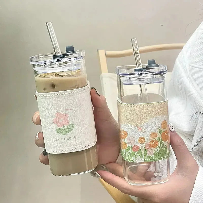 Heat-Resistant Glass Coffee Cup with Lid and Straw — Clear Square Tumbler for Hot and Cold Drinks