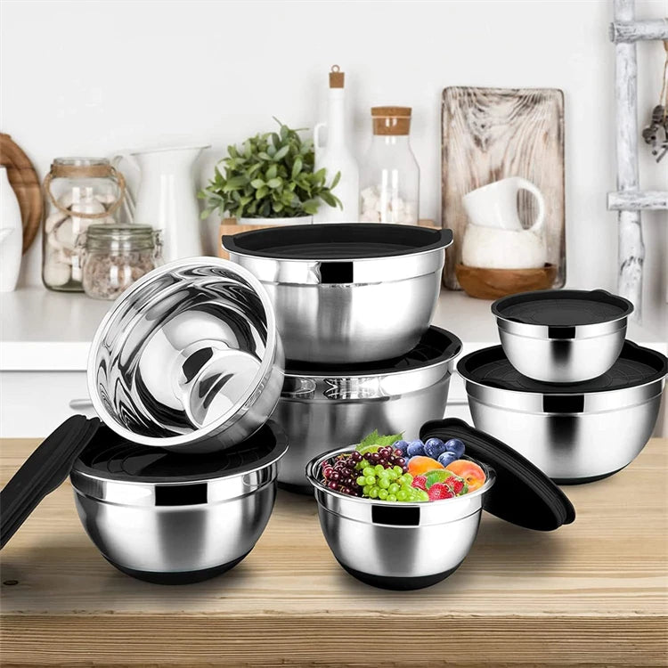 Stainless Steel Mixing Bowl Set with Lids — 6-Piece Nesting Salad Bowls with Non-Slip Base