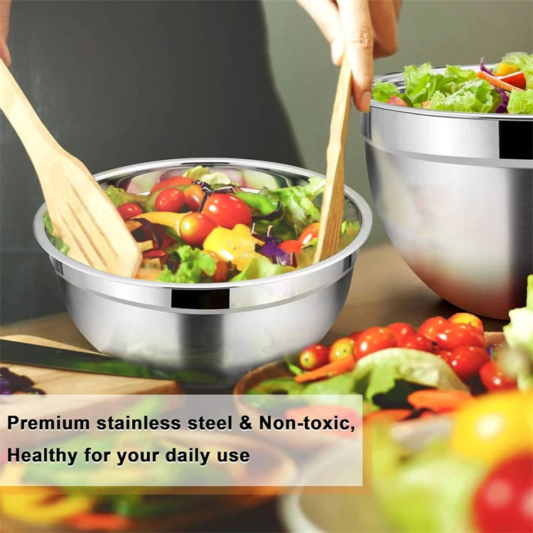 Stainless Steel Mixing Bowl Set with Lids — 6-Piece Nesting Salad Bowls with Non-Slip Base