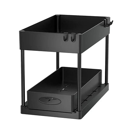 2-Tier Sliding Under Sink Cabinet Organizer with Hooks