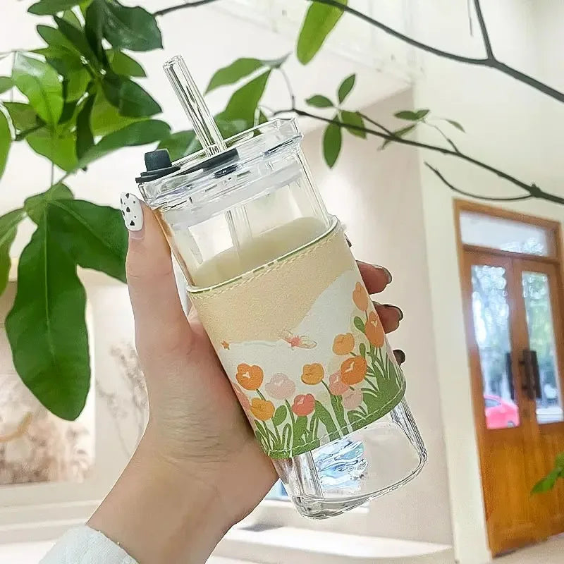 Heat-Resistant Glass Coffee Cup with Lid and Straw — Clear Square Tumbler for Hot and Cold Drinks