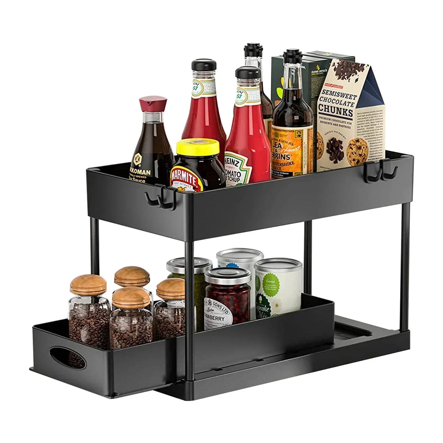 2-Tier Sliding Under Sink Cabinet Organizer with Hooks