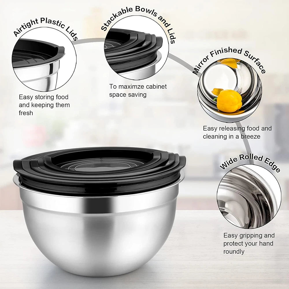 Stainless Steel Mixing Bowl Set with Lids — 6-Piece Nesting Salad Bowls with Non-Slip Base