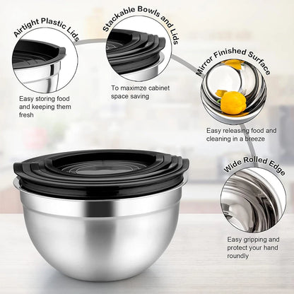 Stainless Steel Mixing Bowl Set with Lids — 6-Piece Nesting Salad Bowls with Non-Slip Base