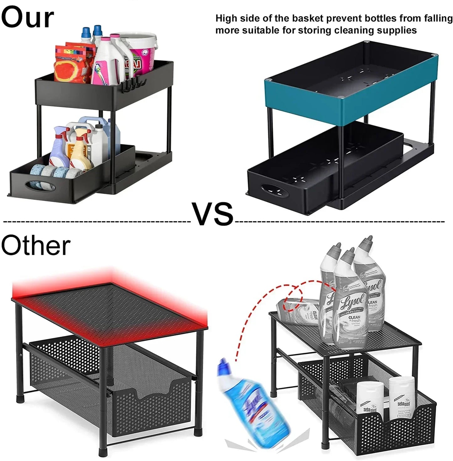 2-Tier Sliding Under Sink Cabinet Organizer with Hooks