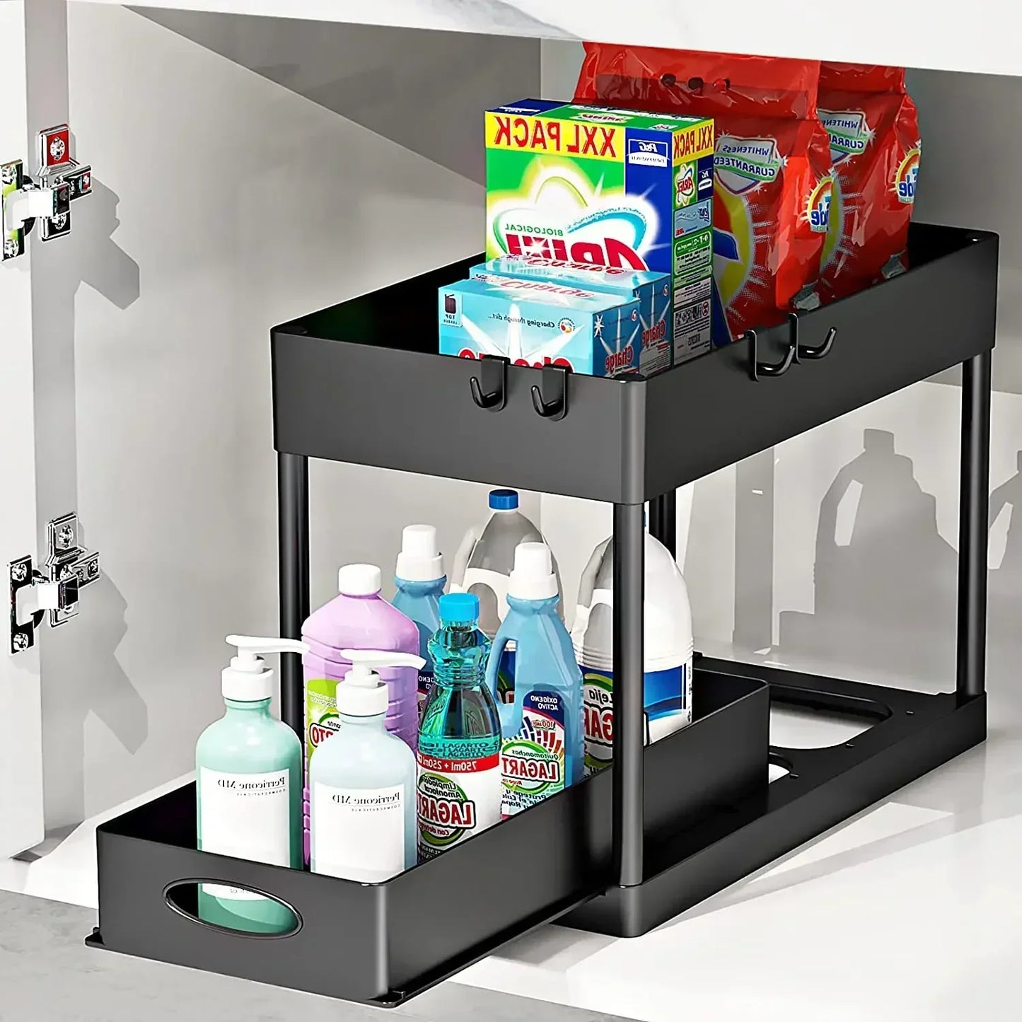 2-Tier Sliding Under Sink Cabinet Organizer with Hooks