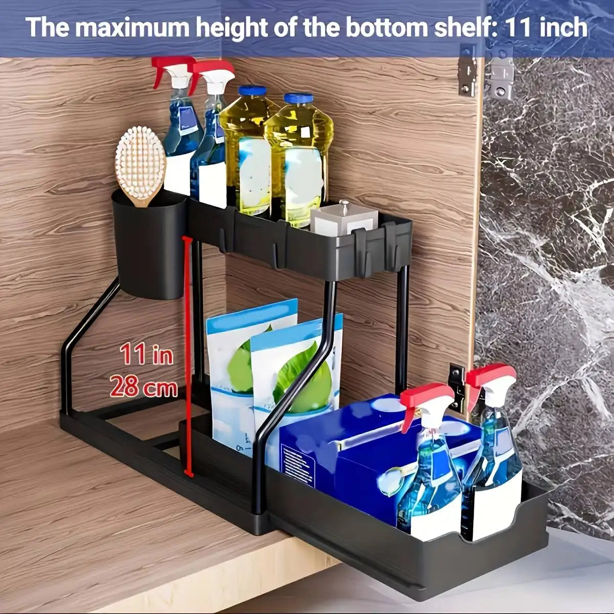 Under Sink Cabinet Organizer — 2-Tier Adjustable Shelf Storage Rack