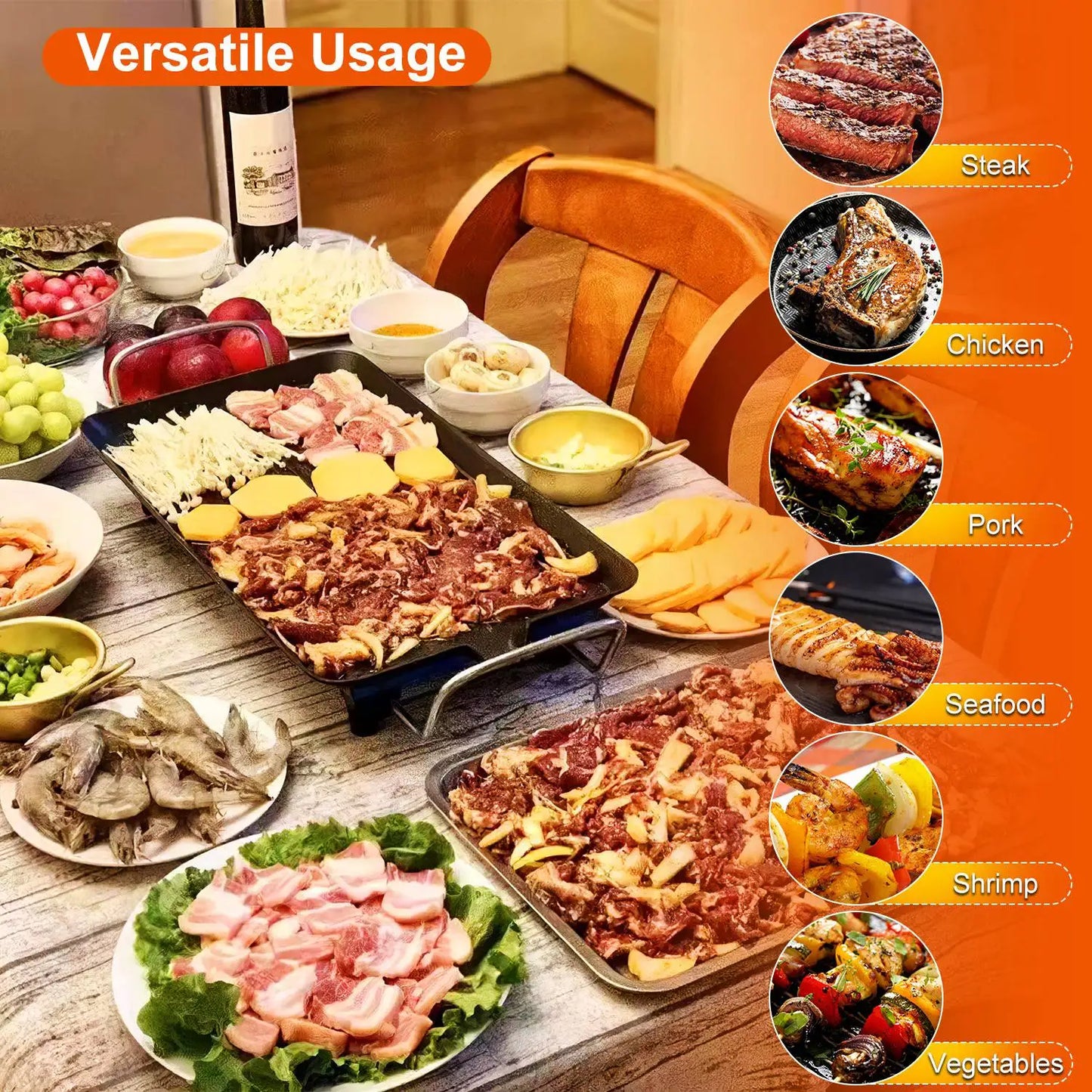 1500W Electric BBQ Grill — Indoor Outdoor Portable Griddle with 5 Heat Levels and Non-Stick Dual Surface