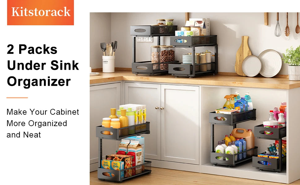 Under Sink Organizer — 2-Tier Sliding Cabinet Storage with Pull-Out Drawer