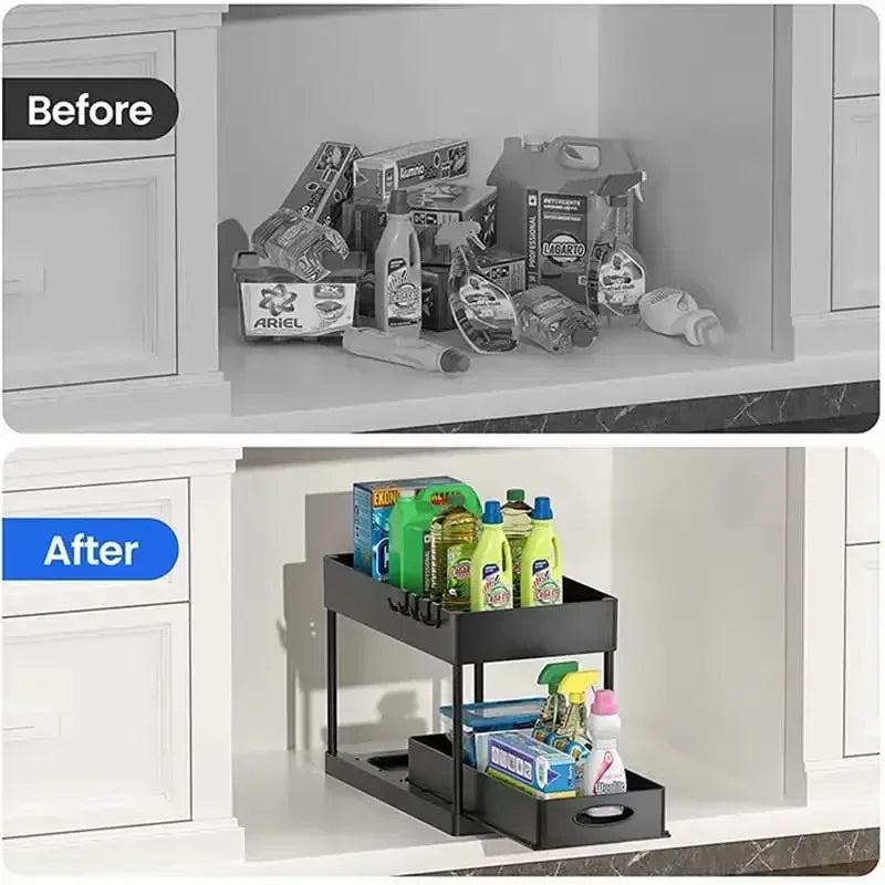 2-Tier Sliding Under Sink Cabinet Organizer with Hooks