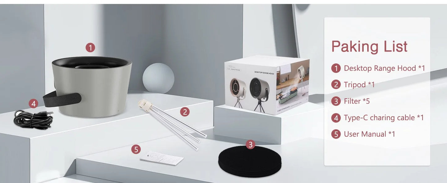 Portable Desktop Range Hood — USB Powered Mini Kitchen Exhaust Fan with 3 Speed Settings and Carbon Filter
