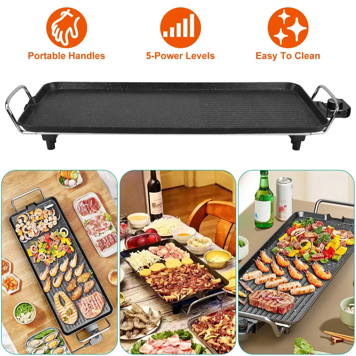 1500W Electric BBQ Grill — Indoor Outdoor Portable Griddle with 5 Heat Levels and Non-Stick Dual Surface