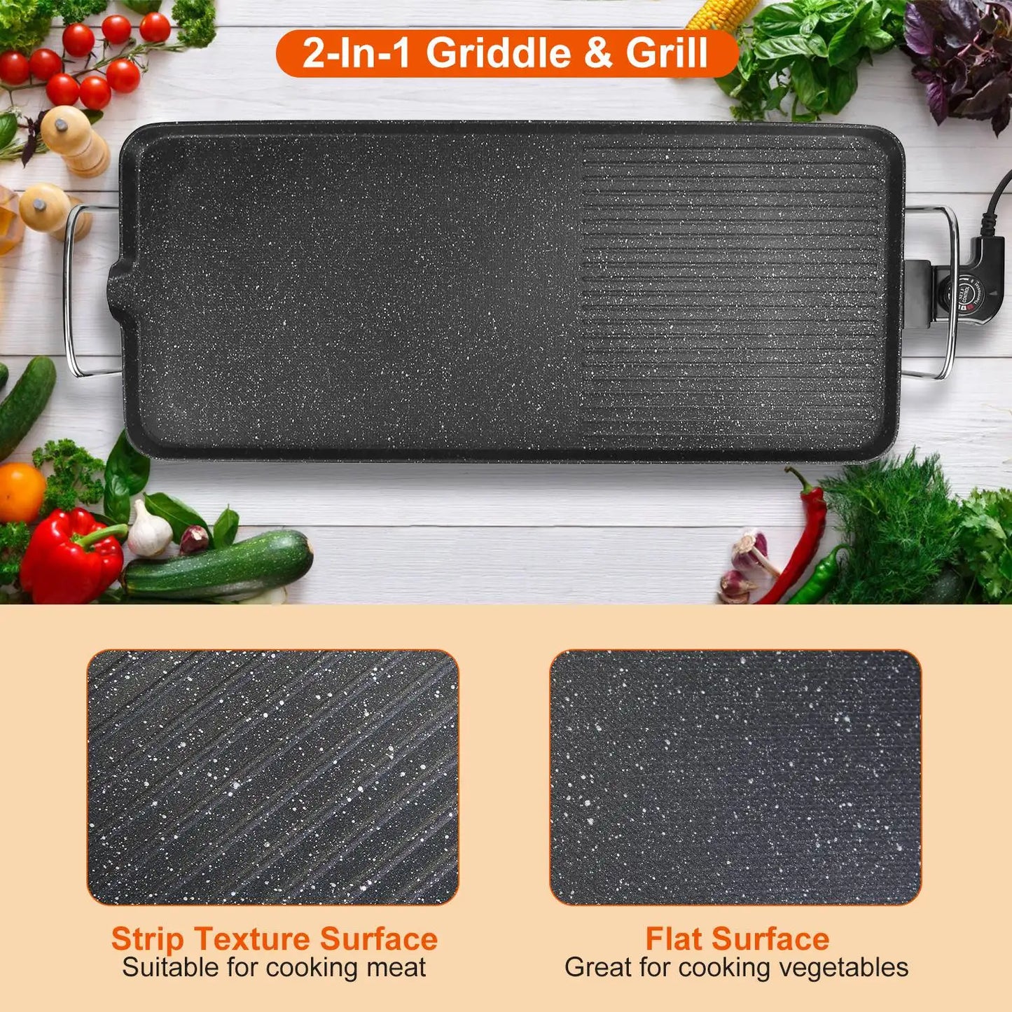 1500W Electric BBQ Grill — Indoor Outdoor Portable Griddle with 5 Heat Levels and Non-Stick Dual Surface