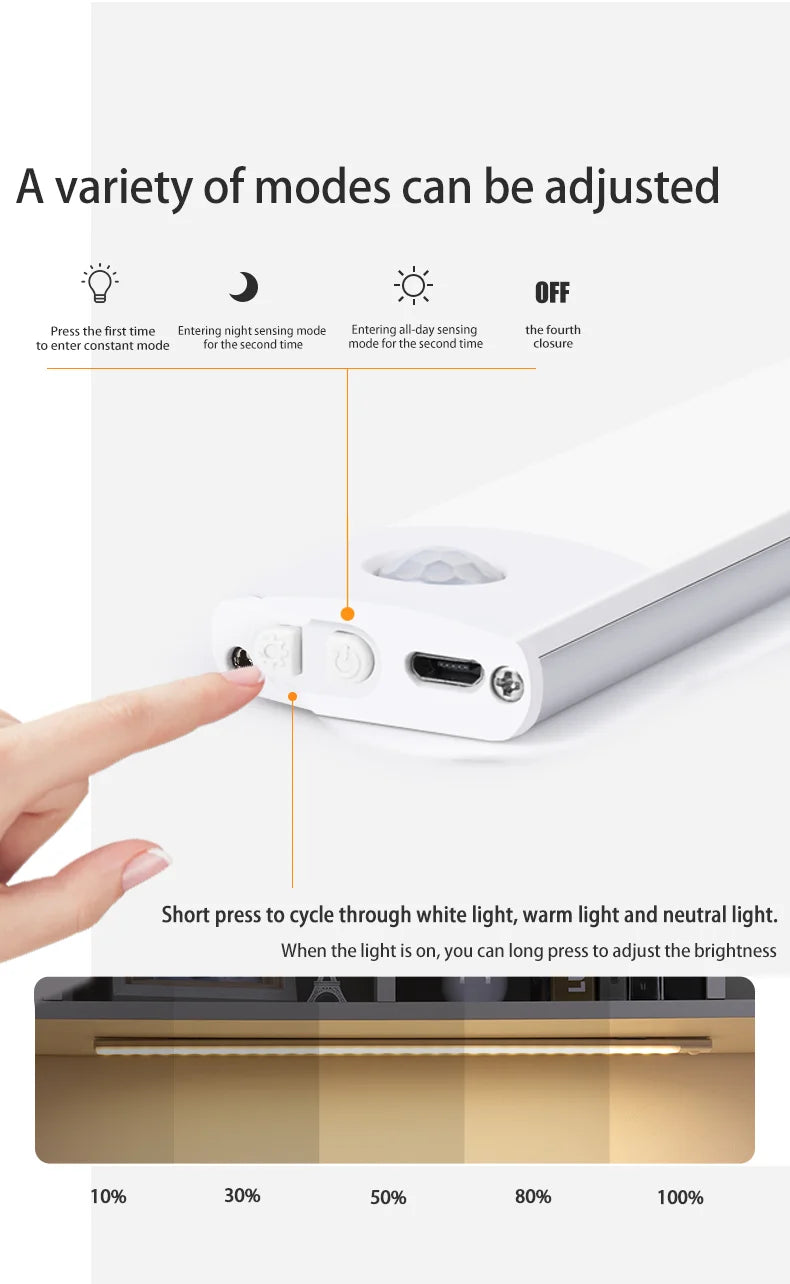 Under Cabinet Motion Sensor LED Light — USB Rechargeable Kitchen and Closet Lighting
