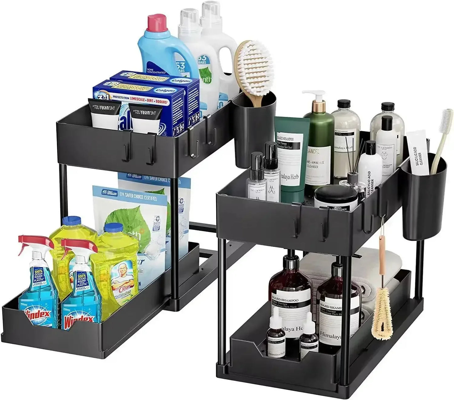 2-Tier Sliding Under Sink Cabinet Organizer with Hooks