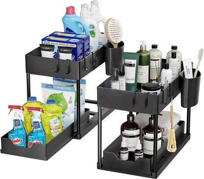 2-Tier Sliding Under Sink Cabinet Organizer with Hooks