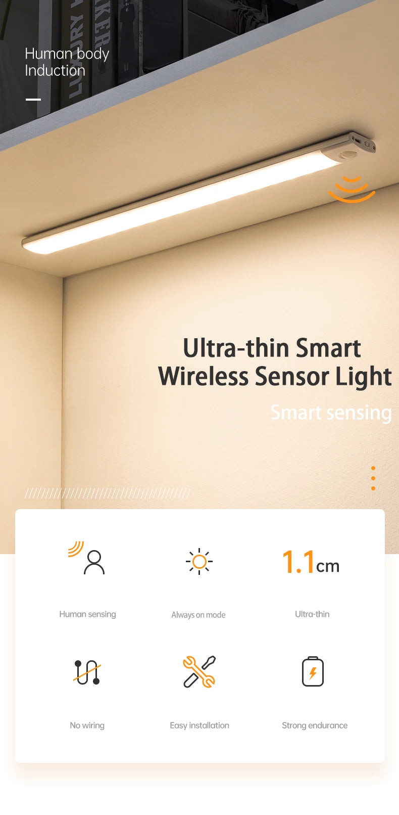 Under Cabinet Motion Sensor LED Light — USB Rechargeable Kitchen and Closet Lighting