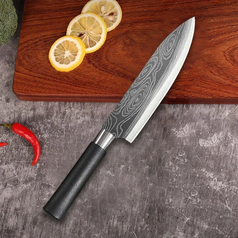 Damascus Pattern Kitchen Knife and Scissors Set with Sharpening Rod — Stainless Steel