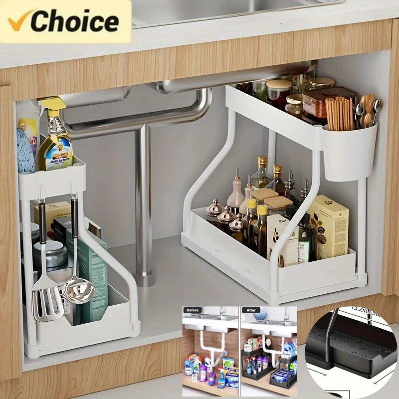 Under Sink Cabinet Organizer — 2-Tier Adjustable Shelf Storage Rack