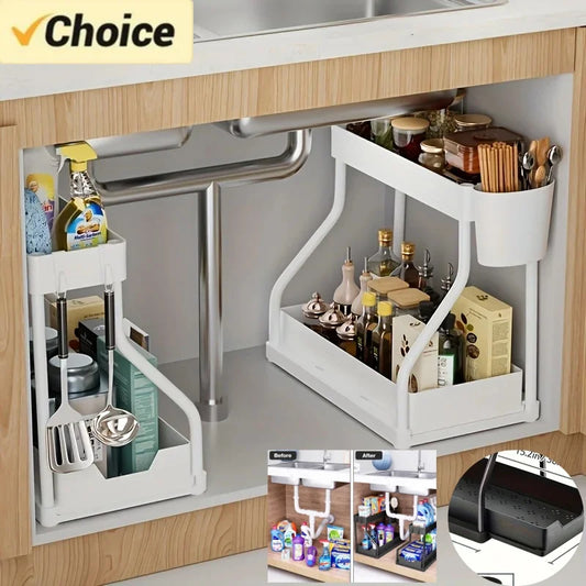 Under Sink Cabinet Organizer — 2-Tier Adjustable Shelf Storage Rack