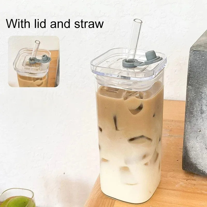 Heat-Resistant Glass Coffee Cup with Lid and Straw — Clear Square Tumbler for Hot and Cold Drinks