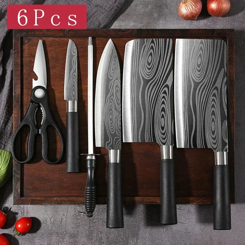 Damascus Pattern Kitchen Knife and Scissors Set with Sharpening Rod — Stainless Steel