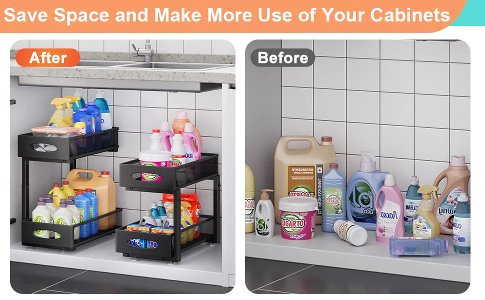 Under Sink Organizer — 2-Tier Sliding Cabinet Storage with Pull-Out Drawer