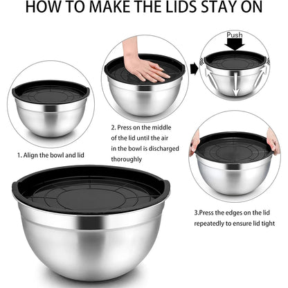 Stainless Steel Mixing Bowl Set with Lids — 6-Piece Nesting Salad Bowls with Non-Slip Base