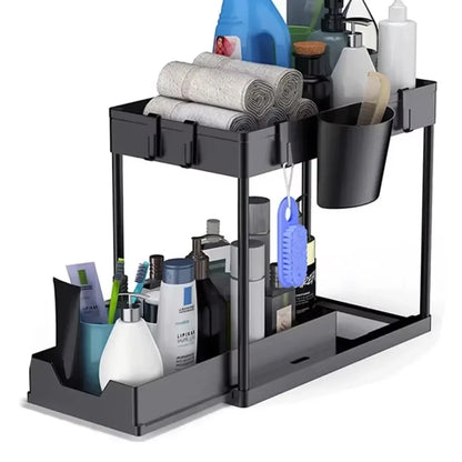 2-Tier Sliding Under Sink Cabinet Organizer with Hooks