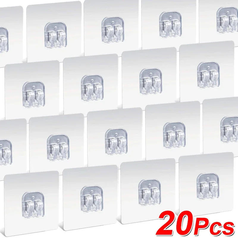 Clear Acrylic Self-Adhesive Wall Hooks — No-Drill, 10 or 20 Pack