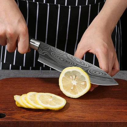 Damascus Pattern Kitchen Knife and Scissors Set with Sharpening Rod — Stainless Steel