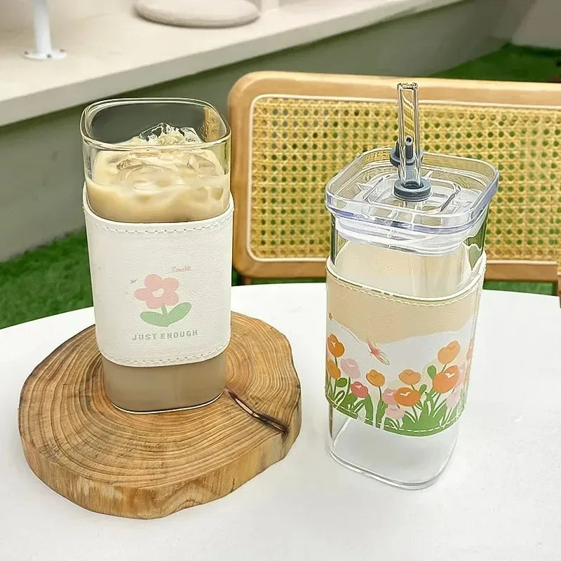 Heat-Resistant Glass Coffee Cup with Lid and Straw — Clear Square Tumbler for Hot and Cold Drinks