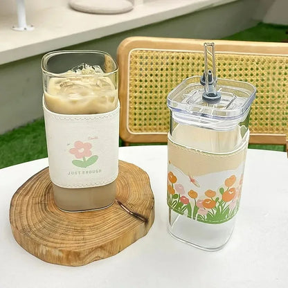 Heat-Resistant Glass Coffee Cup with Lid and Straw — Clear Square Tumbler for Hot and Cold Drinks