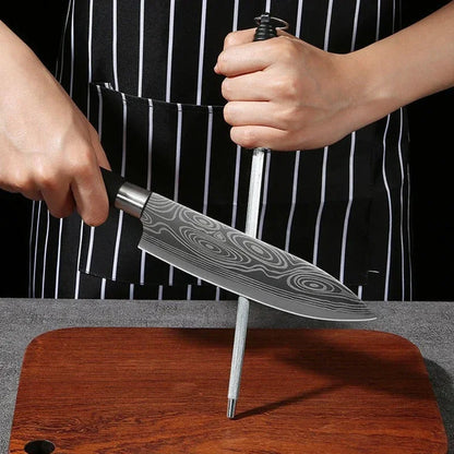 Damascus Pattern Kitchen Knife and Scissors Set with Sharpening Rod — Stainless Steel