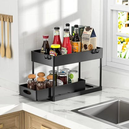 2-Tier Sliding Under Sink Cabinet Organizer with Hooks