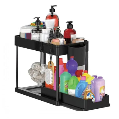 2-Tier Sliding Under Sink Cabinet Organizer with Hooks