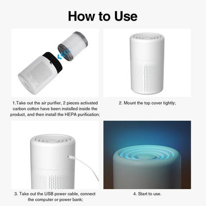 Mini Desktop Air Purifier with HEPA Filter — USB Powered Home and Office Air Cleaner and Deodorizer