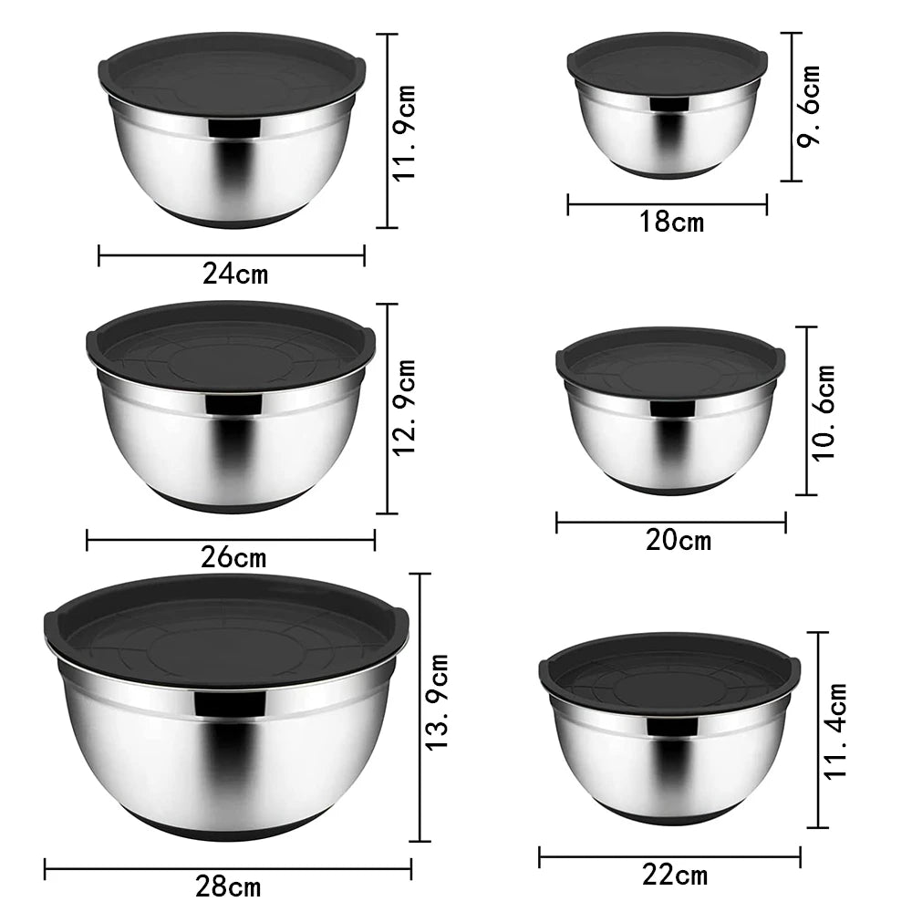 Stainless Steel Mixing Bowl Set with Lids — 6-Piece Nesting Salad Bowls with Non-Slip Base