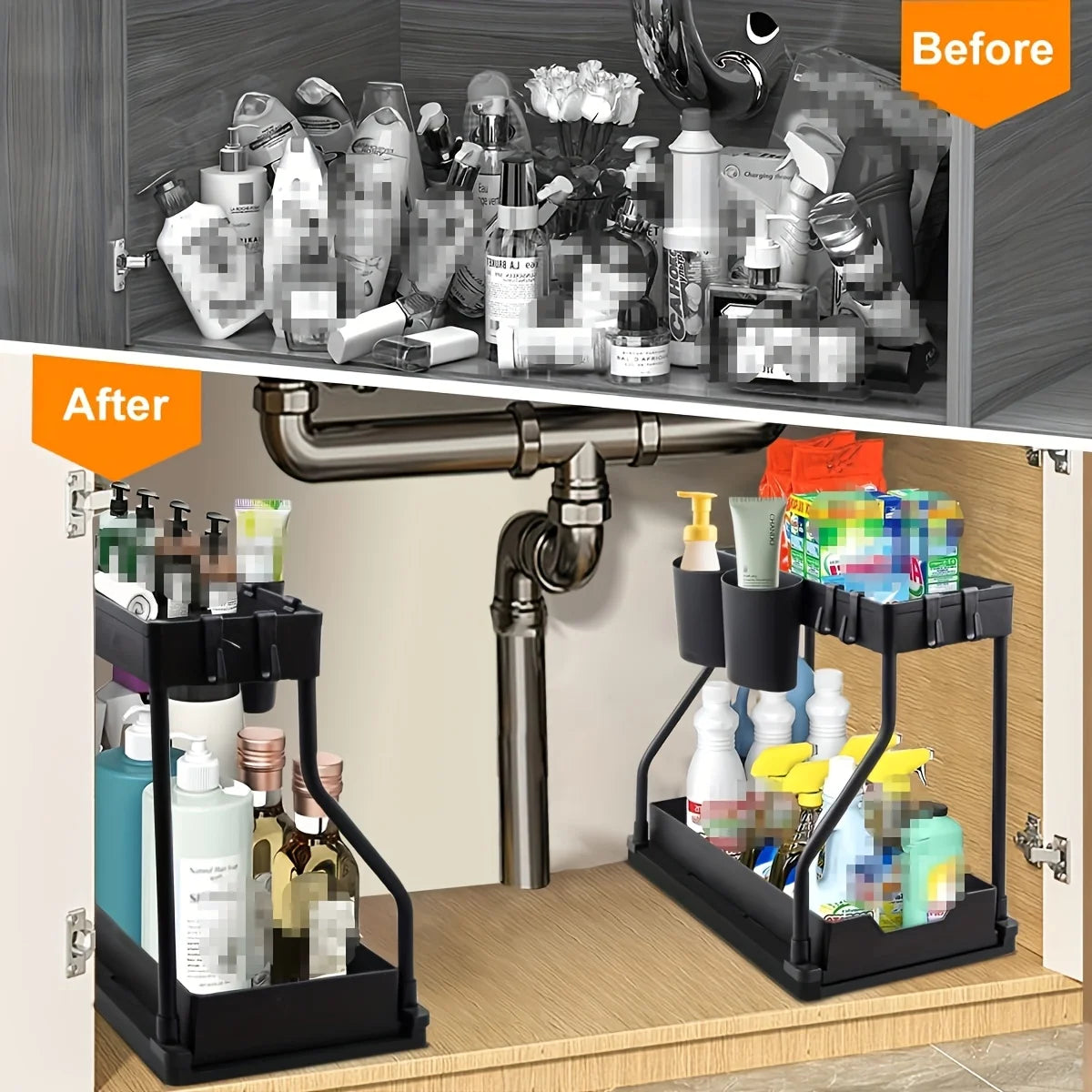 Under Sink Cabinet Organizer — 2-Tier Adjustable Shelf Storage Rack
