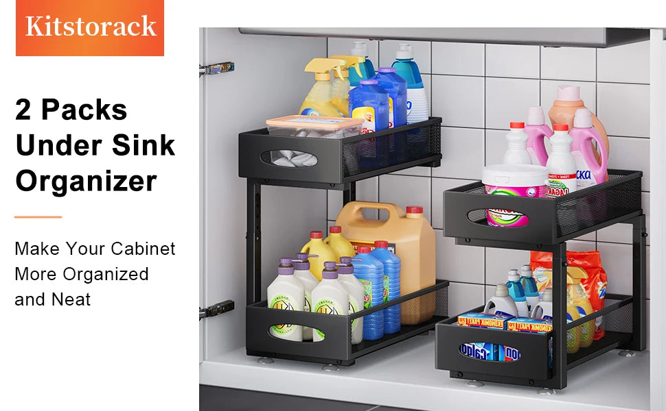 Under Sink Organizer — 2-Tier Sliding Cabinet Storage with Pull-Out Drawer