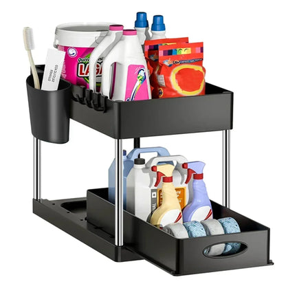2-Tier Sliding Under Sink Cabinet Organizer with Hooks