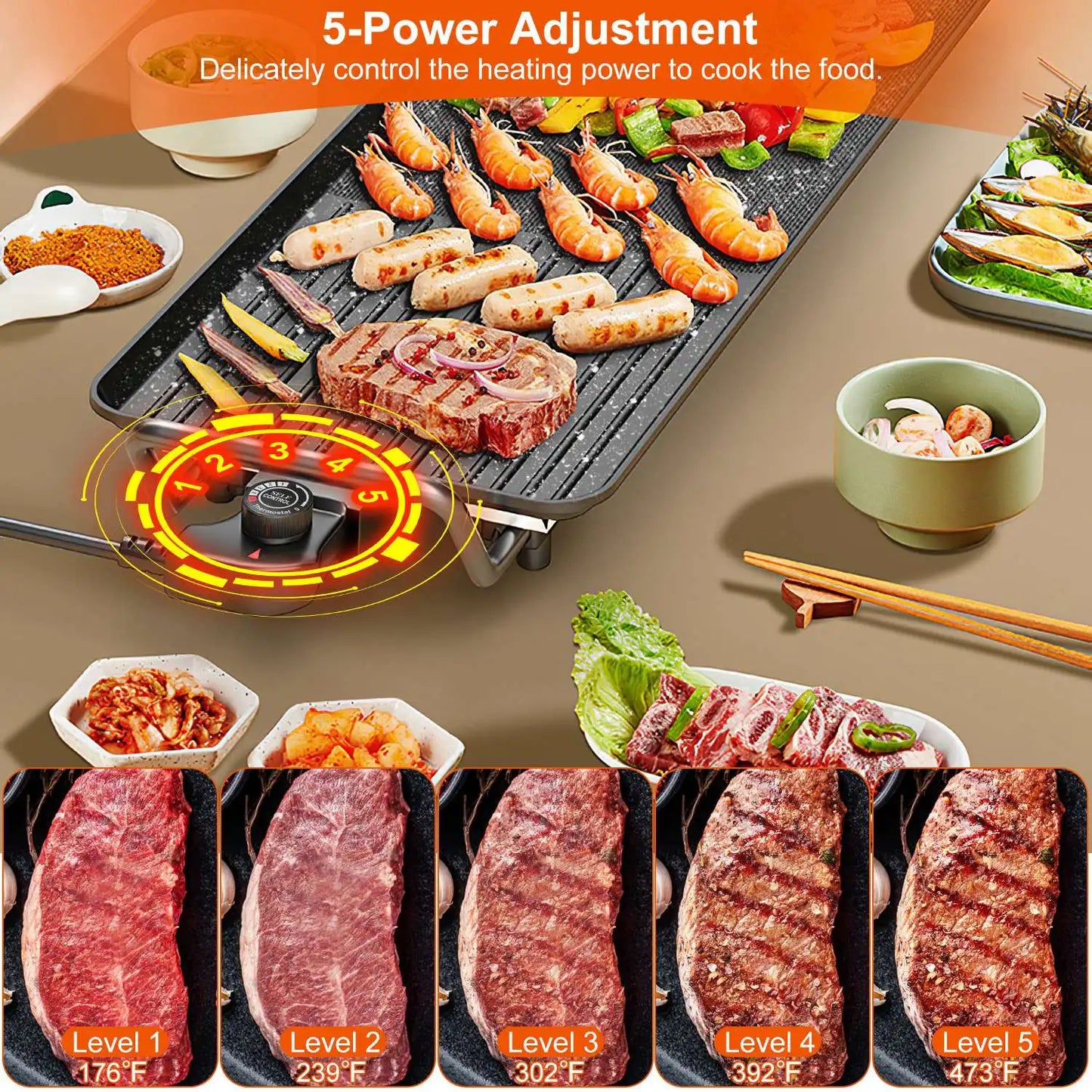 1500W Electric BBQ Grill — Indoor Outdoor Portable Griddle with 5 Heat Levels and Non-Stick Dual Surface